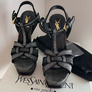 SAINT LAURENT BLACK GLITTER TRIBUTE PLATFORM SANDALS